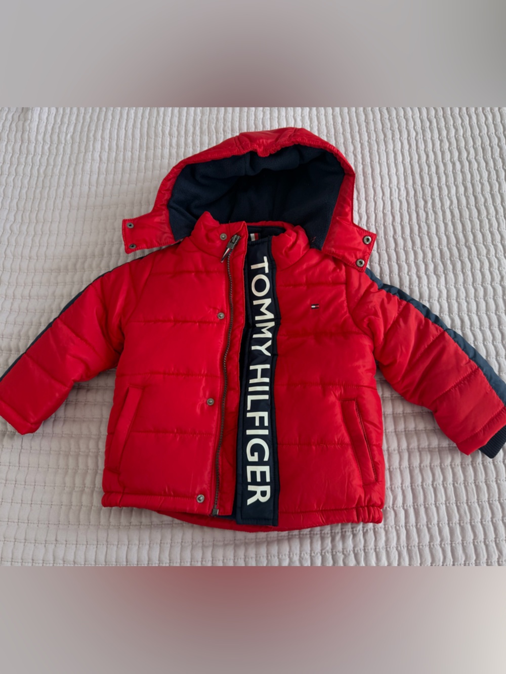 Tommy Hilfiger Red Quilted Hooded Puffer with Logo Trim